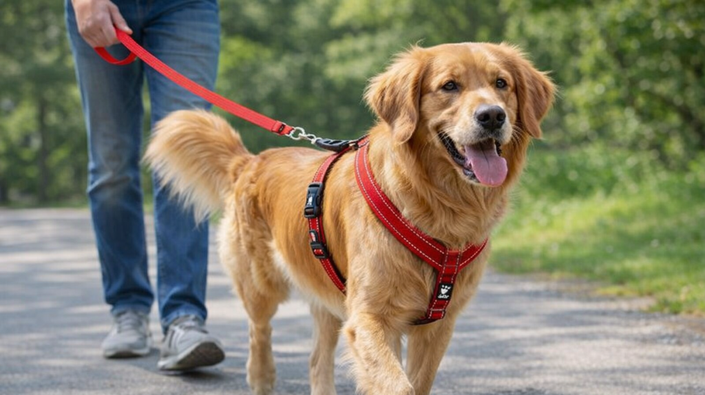 Cane in passeggiata con il padrone mentre indossa una pettorina Hurtta rossa