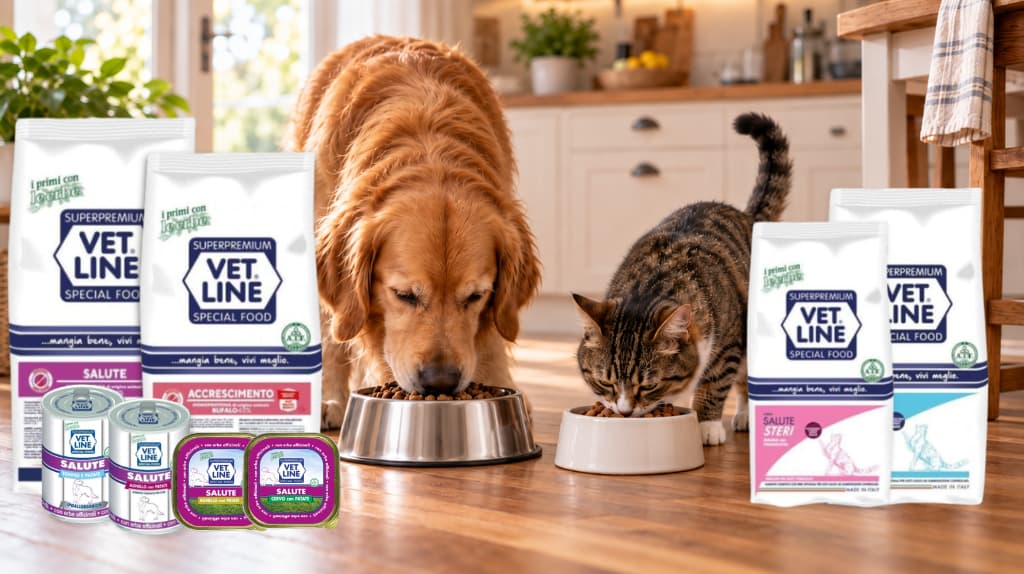Un cane Golden Retriever e un gatto tigrato mangiano fianco a fianco dalle loro ciotole sul pavimento in legno di una cucina, circondati da una ricca esposizione di prodotti Vet Line per cani e gatti, inclusi sacchi di crocchette, lattine e vaschette di vari gusti.